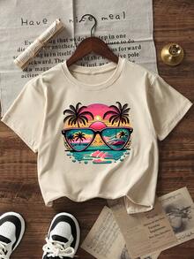 少女休闲印花圆领短袖T恤，夏季上衣 - 杏色 - 查看 4