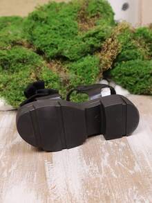 新款女童厚底黑色凉鞋，蝴蝶结布艺魔术贴设计，圆头，适合夏季、校园、度假穿着 - 黑色 - 查看 8