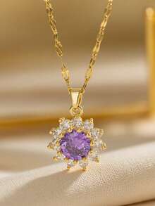 Fashionable Purple Flower Water Drop Stainless Steel Necklace For Women, With A Unique And Light Luxury Design Sense And Elegant Collarbone Chain