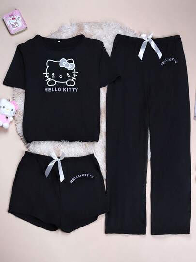  Authorize Sanrio Hello Kitty 3pcs Spring/Summer New Women's Short Sleeved Pajama Set, Casual Loose Cute KT Printed Top, Shorts And Pants Elegant Home Clothing Set