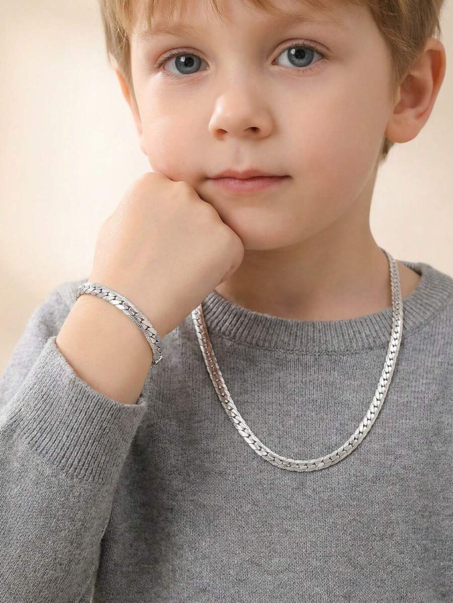 2件套 时尚优雅银色不锈钢项链和手链，男童嘻哈饰品 - 銀色 - 查看 1