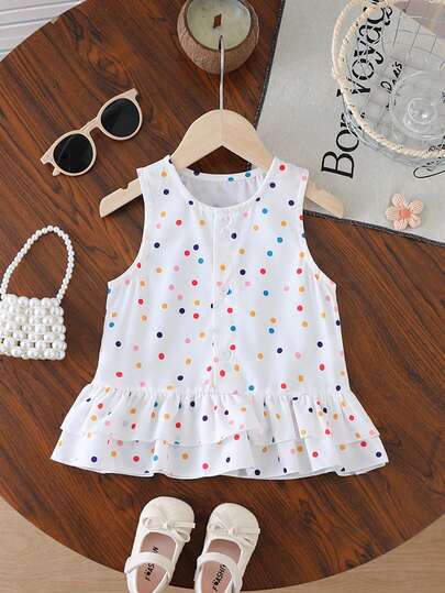 Girls' Colorful Polka Dot Sleeveless Dress, Double-Layer Skirt, Cute Sweet Elegant Academic Style, Suitable For Girls