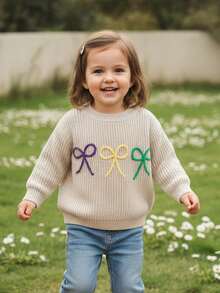 Suéter de MardiGras para niña pequeña con lazo bordado, cuello redondo, manga larga, tops de punto grueso - Albaricoque - Ver 3