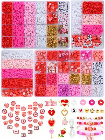Kit de cuentas de arcilla polimérica en forma de corazón para el Día de San Valentín, cuentas espaciadoras de arcilla para hacer joyas, suministros de manualidades y accesorios para hacer pulseras, collares y aretes, regalos del Día de San Valentín