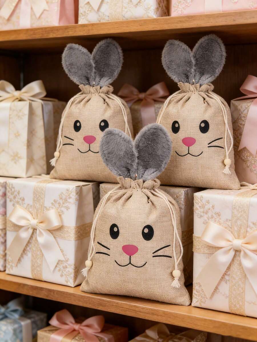 1/3/6pcs Large 26*20cm Easter Burlap Drawstring Gift Bags With Fluffy Rabbit Ears And Beads, Easter Burlap Candy Bags - Multicolor - View 1