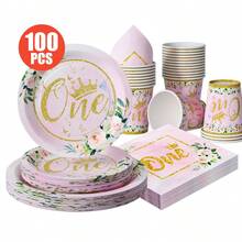 1 Conjunto de Coroa Floral Tema de 1st Aniversário Descartável Pratos, Guardanapos, Copos, Adequado para 25 Convidados, Pratos de Papel Descartáveis Suprimentos de Festa para Aniversário, Casamento, Festa Temática, Piquenique Familiar - Multicolorido - Visão 1