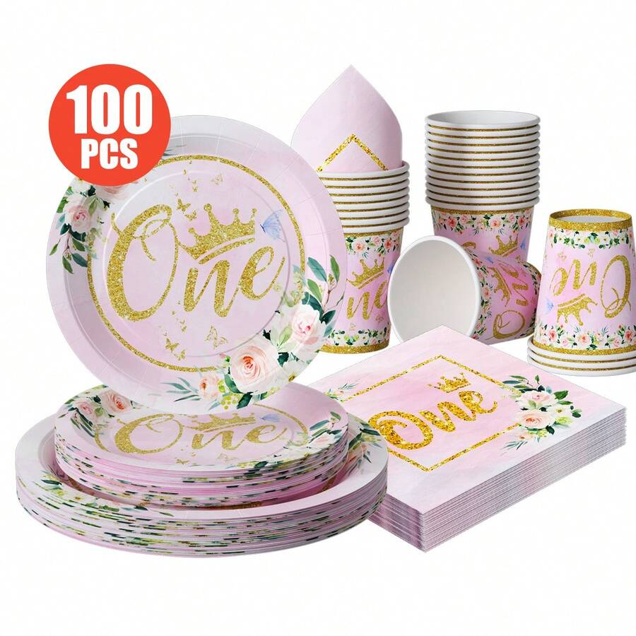 1 Conjunto de Coroa Floral Tema de 1st Aniversário Descartável Pratos, Guardanapos, Copos, Adequado para 25 Convidados, Pratos de Papel Descartáveis Suprimentos de Festa para Aniversário, Casamento, Festa Temática, Piquenique Familiar - Multicolorido - Visão 1