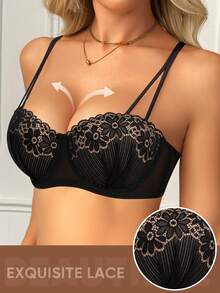 MEIYATING 女士性感蕾丝文胸，花卉蕾丝，黑色，透气，轻盈，U型后背，细肩带，浪漫日常穿着 - 黑色 - 查看 3