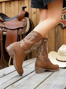 1双儿童刺绣西部风格尖头粗跟侧拉链中筒时尚靴，棕色儿童中筒靴，童靴，女童靴，女童鞋，儿童鞋，圣诞节礼物，儿童礼物，女童鞋，冬靴，靴子，过膝靴，切尔西靴，儿童高跟鞋，棕色靴子，童靴，女童鞋，儿童鞋，我女儿的靴子 - 棕色 - 查看 10