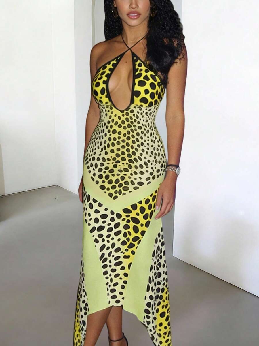 Vestido de fiesta de noche de club con escote halter, espalda descubierta y silueta ajustada con estampado de leopardo de verano DOUCIU - Amarillo - Ver 1