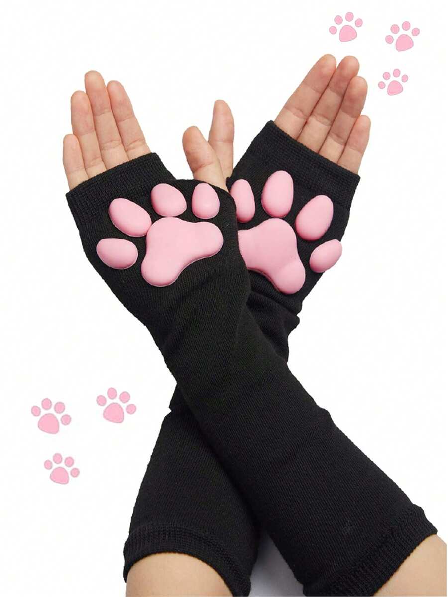 1 Pair Cute 3D Knit Cat Paw Gloves - Silicone Paw Print Fingerless Sleeves For Cosplay, Role Play Costume Party Accessories - 黑色 - 查看 1
