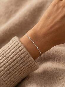 1pc Pure Silver Beaded Bracelet, Women's Daily Wear