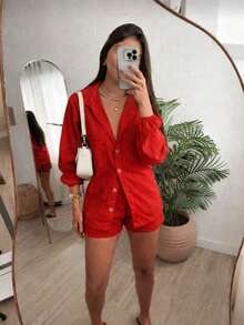 Women's Linen Long-Sleeved Set - Shorts And Shirt - 紅色 - 查看 2