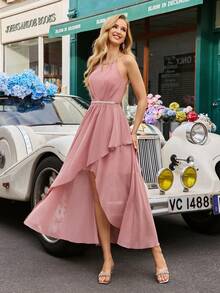 Elegant Pink Chiffon Backless Maxi Bridesmaid Dress, Sleeveless Backless Design, High Slit, Perfect For Wedding Occasions - Pink - View 2