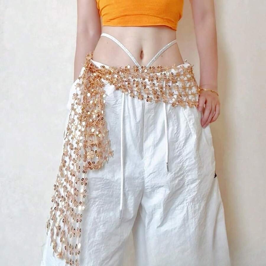 Women's Sequins Scarf Belly Dance Waist Belt,Back To School Season,Sparkly Head Scarf Fringe Shawl Wrap Sparkle Necktie For Party,Personalized Openwork Decorative Scarf,Valentine's Day - 金色 - 查看 1