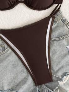 Solid Color Elegant Backless Beach Swimwear With Underwire Vacation - Brown - View 7