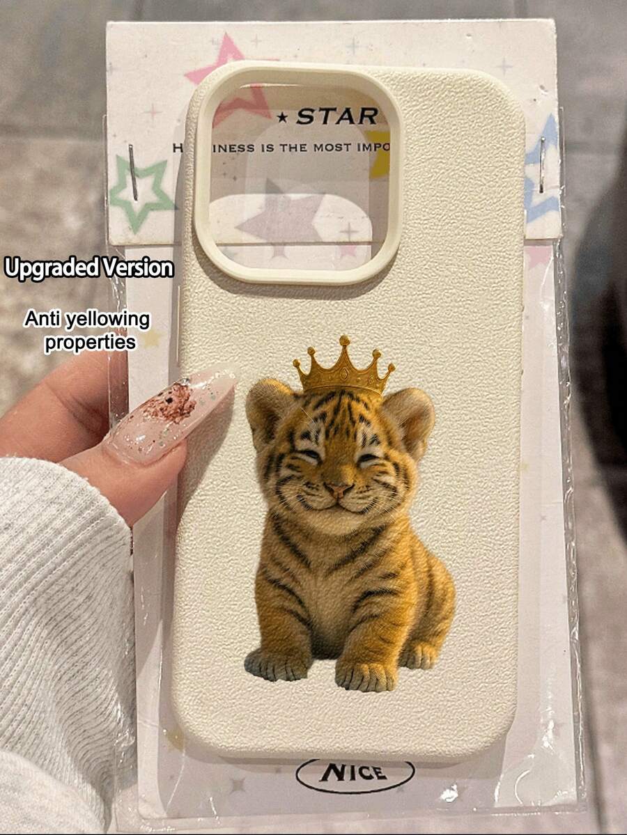 凶猛动物图案 1 件装 简约皇冠与可爱老虎纹荔枝纹理 防震防滑软手机壳 兼容苹果及其他手机