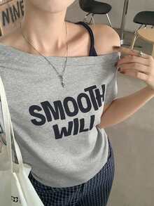 修身性感露肩字母印花长袖短款上衣 - 花灰色 - 查看 5