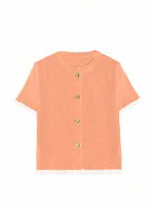 Women's Summer Button Ear Design Knit Top, Beige Elegant Casual Short Sleeve Sweater, Suitable For Dates And Daily Wear - Orange - View 7