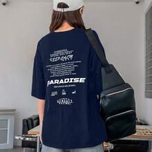 Women's Oversized Printed T-Shirt - Cheerful Paradise Phrase - Loose, Casual, Stylish, Modern, And Cool Blouse - 藏蓝色 - 查看 12
