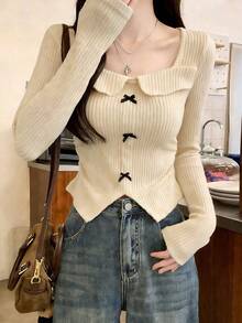 复古美式时尚蝴蝶结领长袖T恤，女士短款修身休闲T恤，2025秋季款 - 杏色 - 查看 1