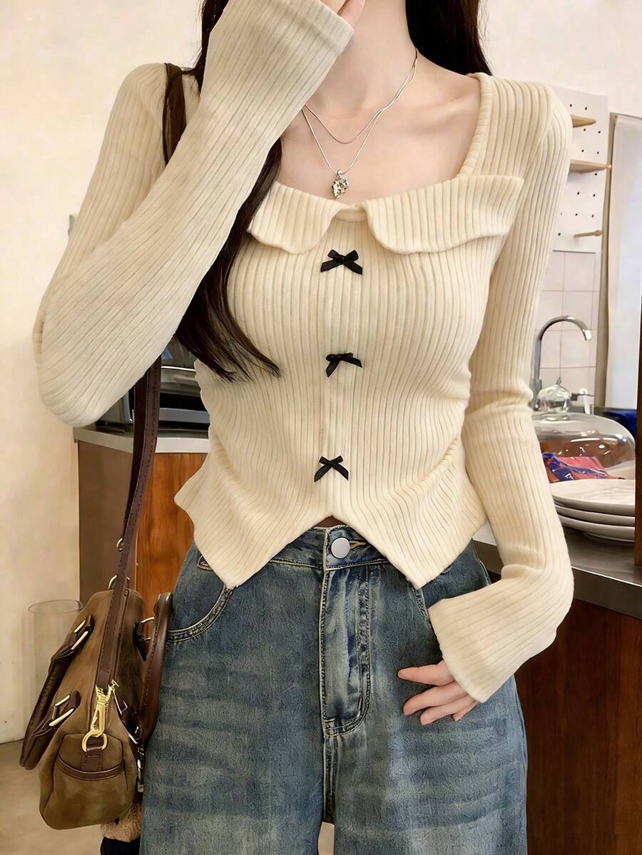 复古美式时尚蝴蝶结领长袖T恤，女士短款修身休闲T恤，2025秋季款 - 杏色 - 查看 1