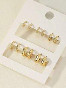 6pairs Geometrical Shapes Creative & Fashionable & Minimalist Daily Wear Exquisite Small Earrings For Women,Suitable For Women Daily Wear, Various Holidays, Mother's Day Gift, Social Events, , Music Festival Accessories - 金子 - 查看 1