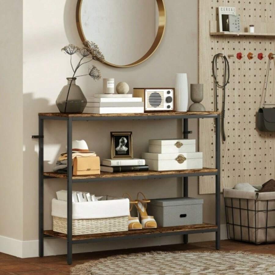 Console Table, Side Table With 3-Tier Shelf, Particleboard, Metal, Light Brown - Coffee Brown - View 1
