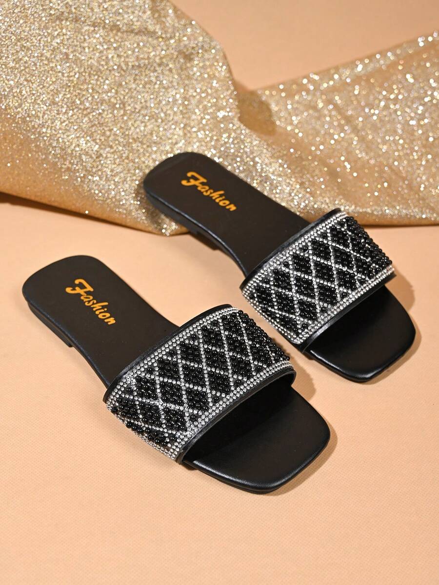 1双金色串珠休闲沙滩平底凉鞋 - 黑色 - 查看 1