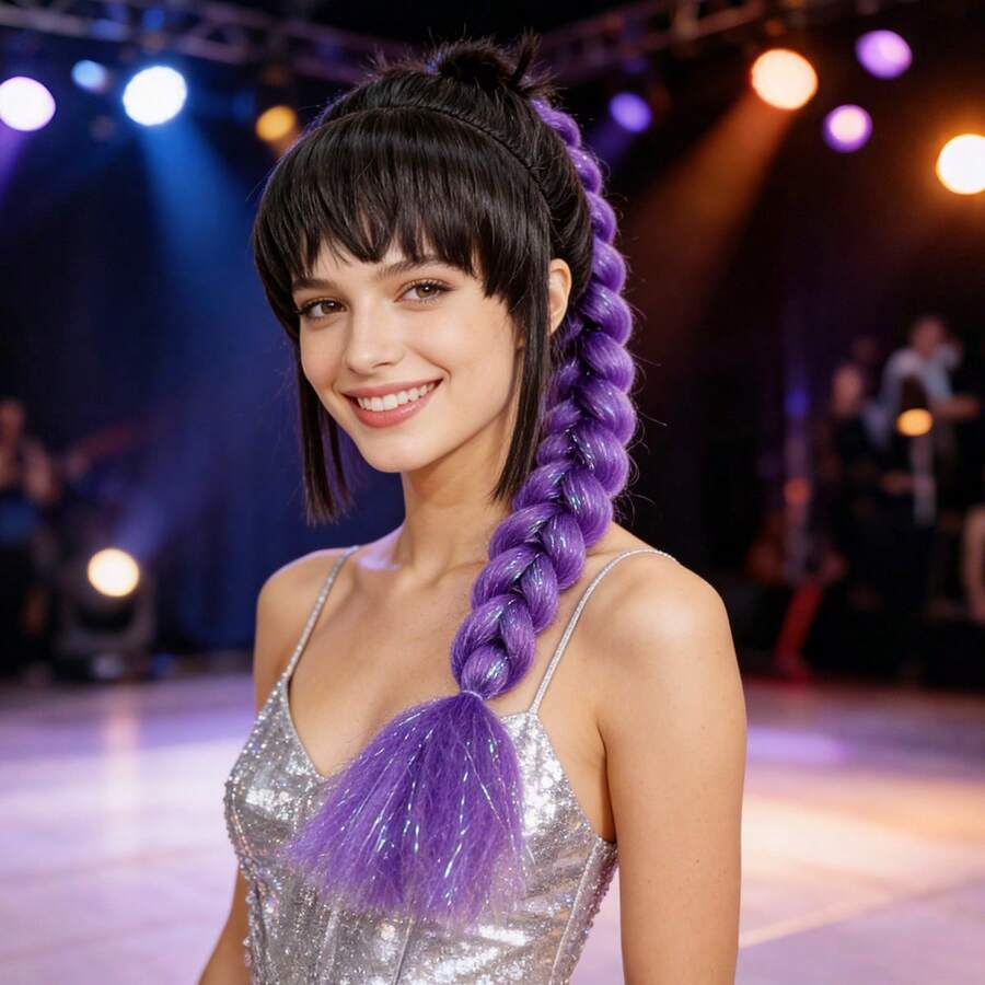 1pc K-Pop Idol Lumie Purple Glitter Braided Wig, Messy Braid Hair Scrunchie - Multicolor - View 1