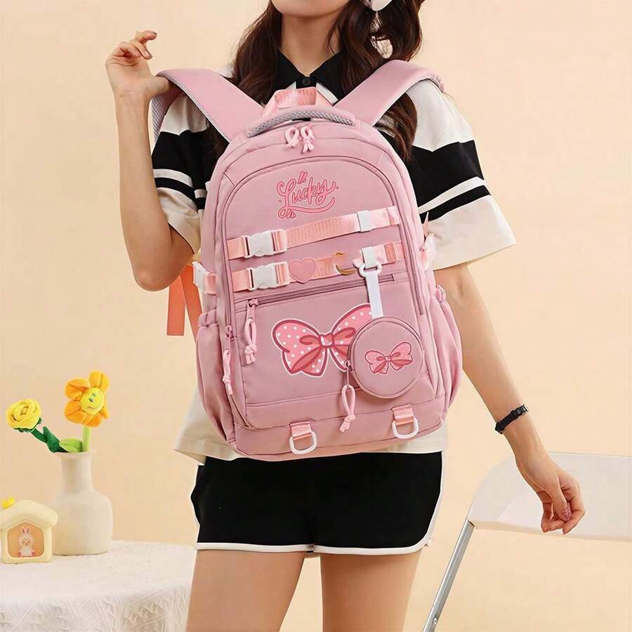 Cute Bow Lightweight Backpack For Girls, Fashion Casual Travel Bag, Ergonomic Design School Bag, Handbag, Back To School Daypack, Large Capacity Multi-Layer Pencil Case, Back To School Stationery, Office Supplies, Valentine's Day Gift - Multicolor - View 1