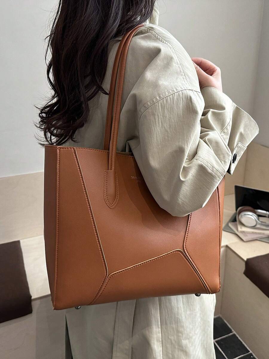 复古拼接PU法棍包 | 多功能通勤单肩包 - 棕色 - 查看 1