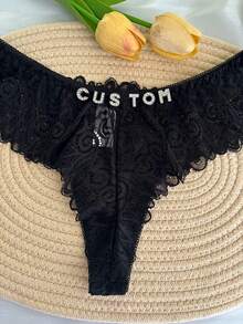 Custom Rhinestone Letter Name Text & Special Date Sexy Lace Floral Panties Low Rise Underwear Personalized Gift For Wife Lover Anniversary Festival - Black - View 3