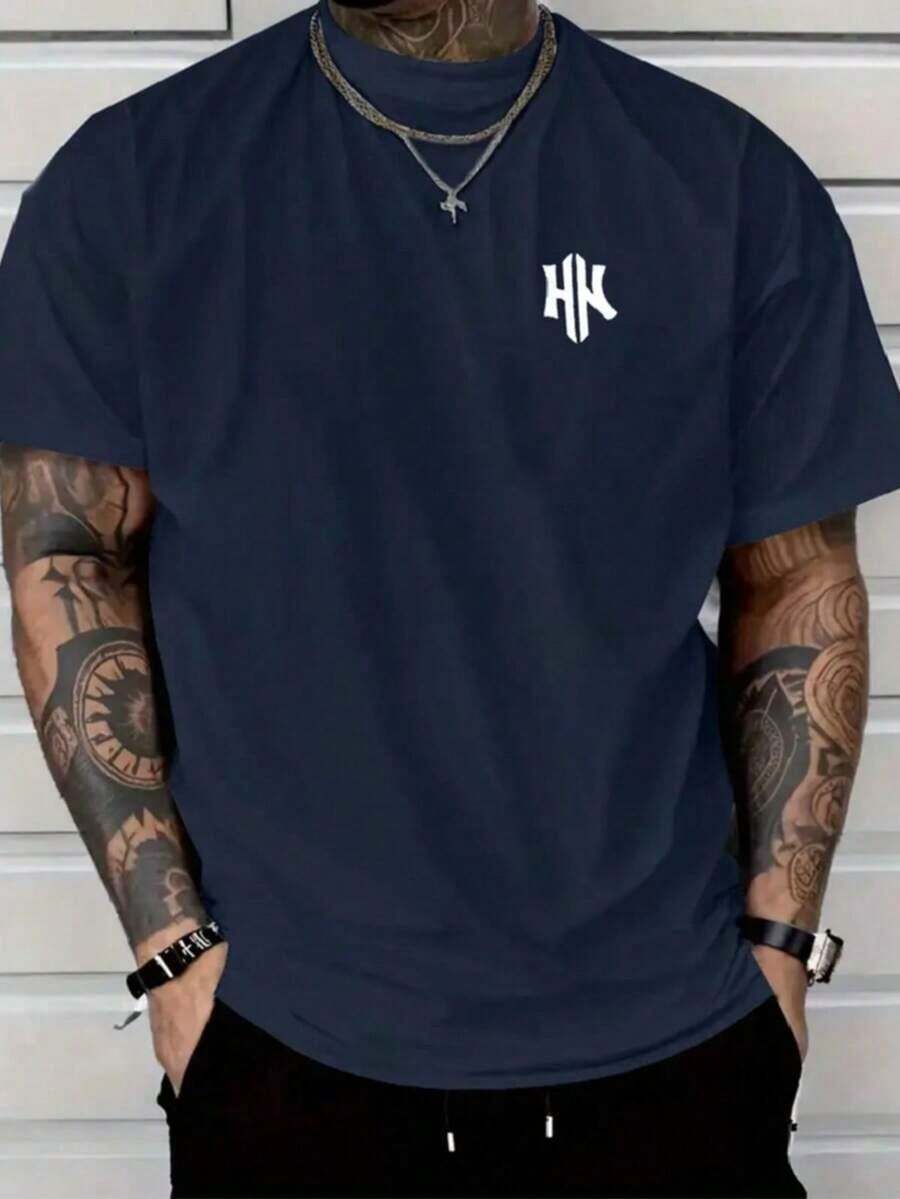 Men's T-Shirt With Minimalist 2H Print, Short-Sleeved Cotton T-Shirt With Round Neck, 2H Lettering. - Navy Blue - View 1