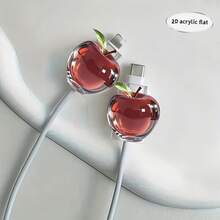 2个装 2D 亚克力扁平玫瑰苹果造型数据线保护套，耐用，Type-C 手机数据线保护套，美观坚固（非电气产品），水晶苹果图案数据线保护套，耐用，Type-C 手机数据线保护套，美观坚固，精致生活，更好地保护数据线（非电气产品），2D 扁平