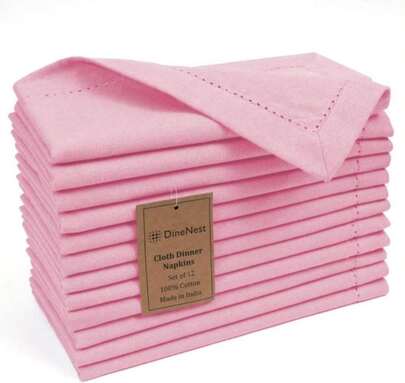 DineNest Hemstitch Dinner Napkins 100% Cotton Set Of 12 - For Dining Special Occasions Weddings Parties Holidays Easter - Soft Durable Reusable - Elegant 18x18 Inch Table Cloth Napkins Baby Pink