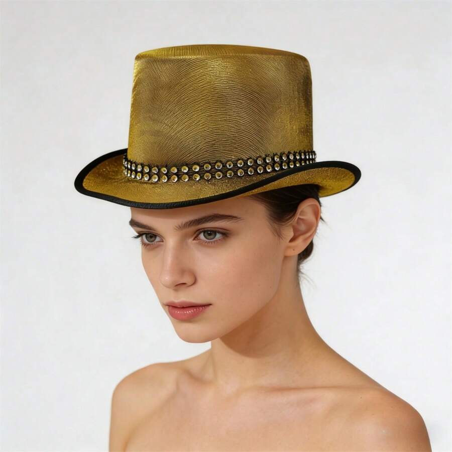 Stage Costume Top Hat For For Men And Women  Style Shiny Rhinestone Tuxedo Magician Cap - 黃色 - 查看 1