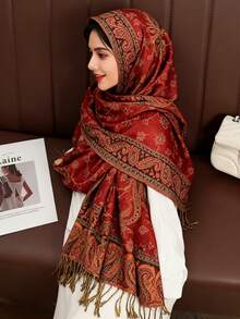 1pc Women's Elegant Cashew Pattern Fashion Warm Printed Scarf, Classic Paisley Hijab And Shawl Hijab For Abaya - Angola Red - View 3