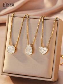 Hihho 1 件不锈钢链式项链，带水滴和心形方晶锆石吊坠，百搭项链，适合周年纪念、母亲节、青年节、朋友节、生日、情人节 - 銀色 - 查看 13