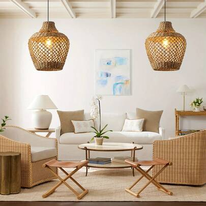 1件手工波西米亚编织吊灯，可调节吊灯，适用于厨房岛台、餐厅、农舍风格