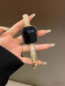 Diamond Bracelet Leather Band, Fits 38/40/41/42/44/45/46/49mm Dial, Compatible With Ultra/SE10/9/8/7/6/5/4/3/2/1 Models - Gold - View 6