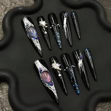 Black Stiletto Press-On Nails - Silver Swirl & Purple Gem 2026 Newest Handmade Removable | Edgy Unique Fashion Statement Nails - Black - View 2