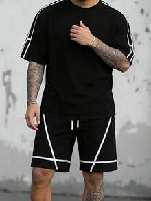 2pcs/Set Summer New Fashionable Loose Comfortable Casual T-Shirt And Shorts Set For Young Men - Black - View 7