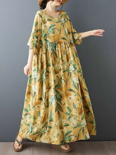 Chân váy maxi phong cách Bohemian đi biển, đầm hè thường ngày dành cho nữ cỡ lớn, đầm dài in hoa màu vàng cổ tròn, tay cánh dơi, chân váy chữ A bằng vải dệt có túi, phong cách hè thường ngày.