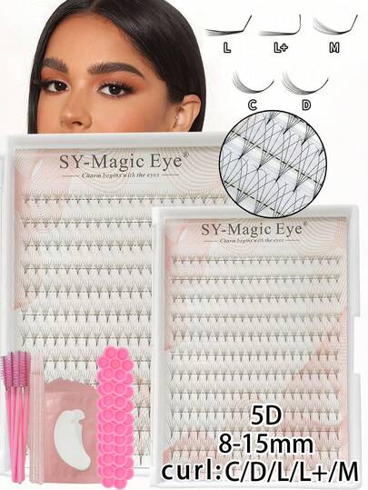1 Caixa 240 peças Cílios Agrupados em Formato C/D/L/M/L+, Espessura de 0,07mm, Cílios Agrupados 5D, Haste Estreita e Afiada, Leques Pré-Montados, Inclui 10 peças de Almofadas para Olhos, 10 peças de Escovas de Cílios, 10 peças de Hastes de Ajuste, 10 peças de Copos de Cola, Agrupamentos de Cílios DIY para Aparência Natural, Finos, Ultra Macios e Super Leves para Uso Diário, Festa e Festival de Música