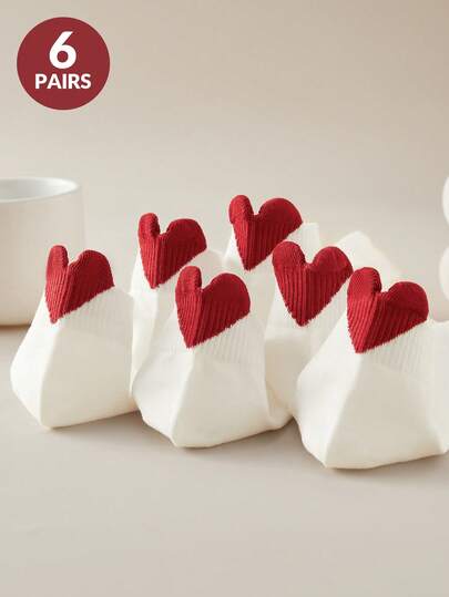 6 Pairs Women's Socks, Valentine's Day Red Heart Short Socks, White Socks, Suitable For Any Shoes