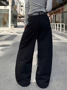 1 pieza Jeans anchos y sueltos de estilo casual para mujer, pantalones vaqueros versátiles y cómodos de estilo estadounidense para todas las estaciones (cinturón/accesorios no incluidos) - Negro - Ver 4