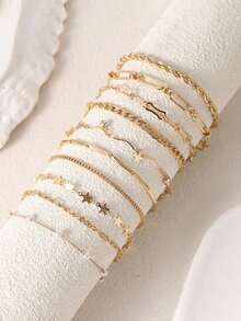 10pcs Set Elegant Copper-Tone Crystal & Faux Pearl Star Decor Bracelet Set, Suitable For Women's Daily Wear - Star - View 12