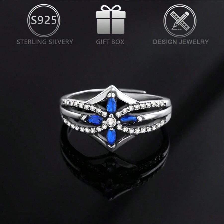 1枚925纯银复古独特几何设计立方氧化锆可调节戒指，适合日常、派对、节日、生日等场合佩戴。