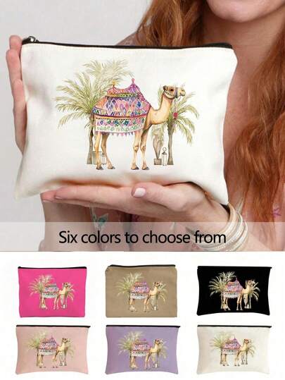 Camel & Coconut Tree Print Cosmetic Bag, Reusable Camel Pattern Makeup Bag, Lightweight, Ramadan Mubarak Cosmetic And Toiletry Organizer, Zippered Makeup Bag, Lightweight Coin Purse, Toiletry Bag, Storage Bag, Travel Accessory, Great For Shopping, Versatile, Can Be Used To Store Cosmetics, Makeup Brushes, And Accessories, Perfect Gift For New Year, Valentine's Day, And Ramadan, Islamic Gift.